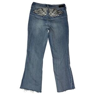 PTCL Ethikal Brand Womens Flare Jeans Blue Sequin Angel Wings Size 30 Raw Hem
